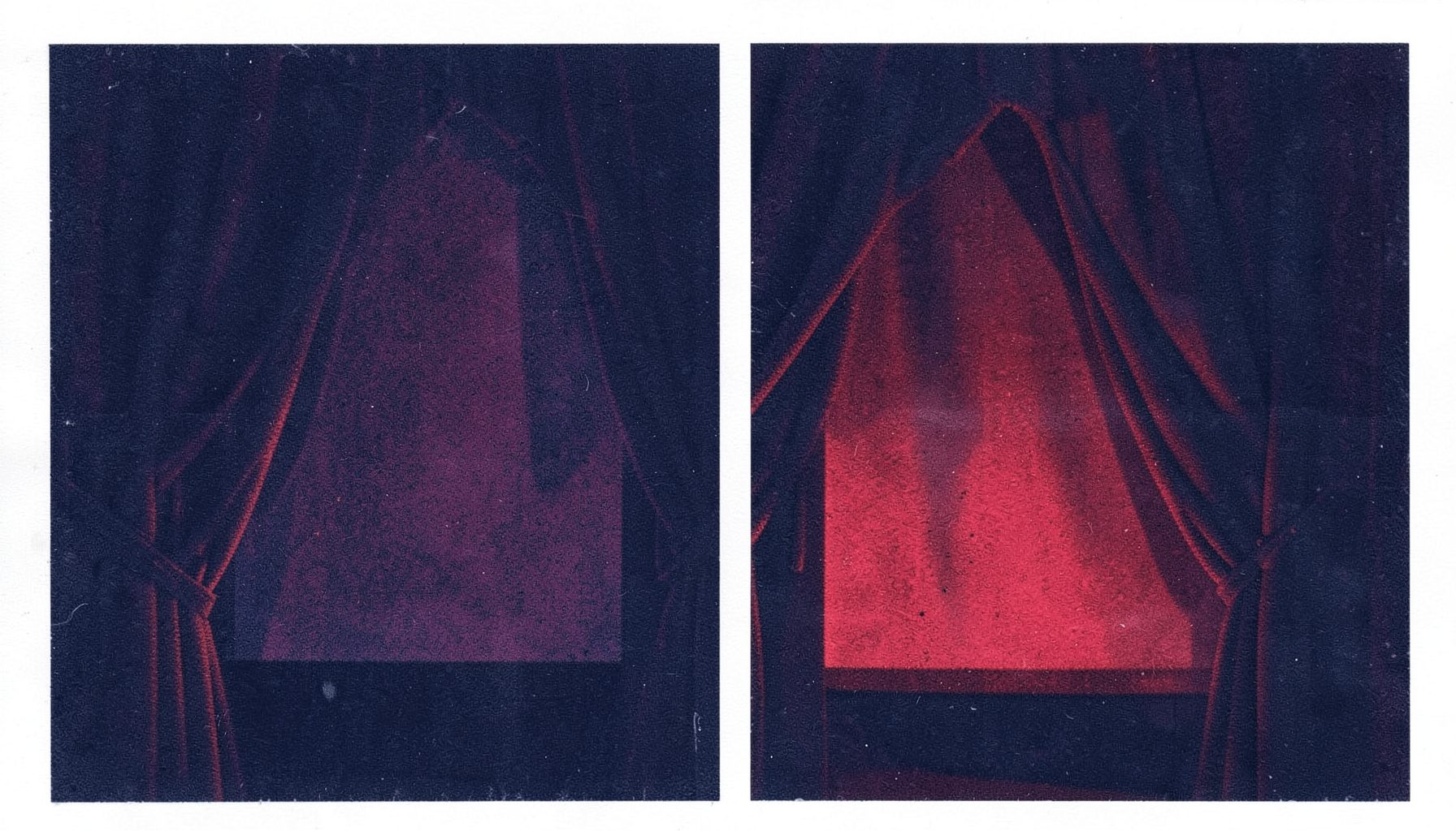 A dark cinematic risograph print in deep navy and crimson, with soft grain and layered ink textures suggesting a theater curtain parting to reveal a glowing screen