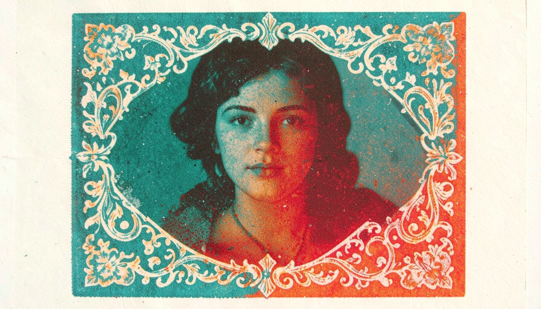 A risograph print in teal and burnt orange, showing a woman's face half in shadow with ornate Victorian filigree framing the composition