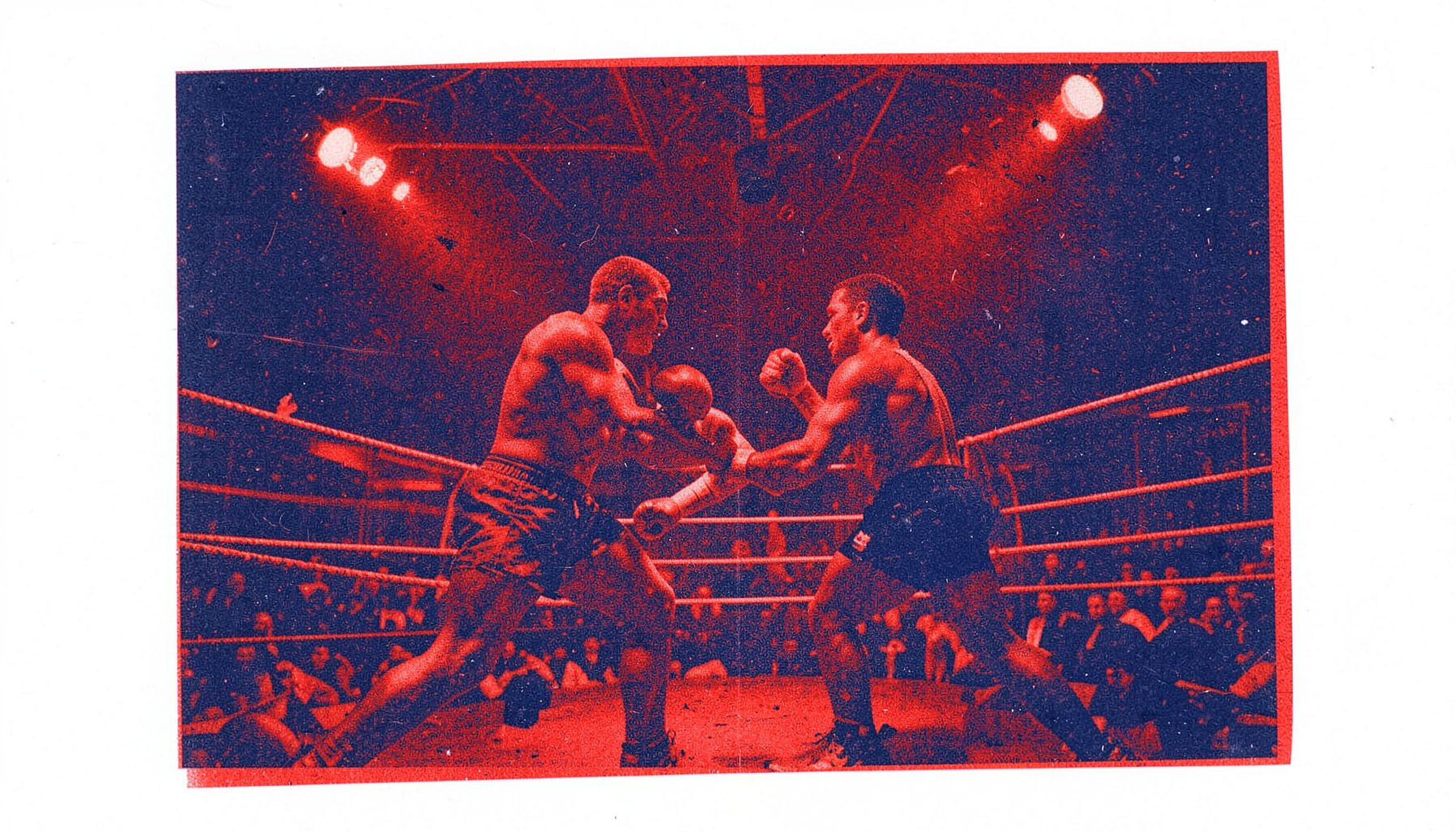 A risograph print in rust red and deep blue, showing wrestlers locked in a ring under harsh overhead lights with a grainy, textured finish