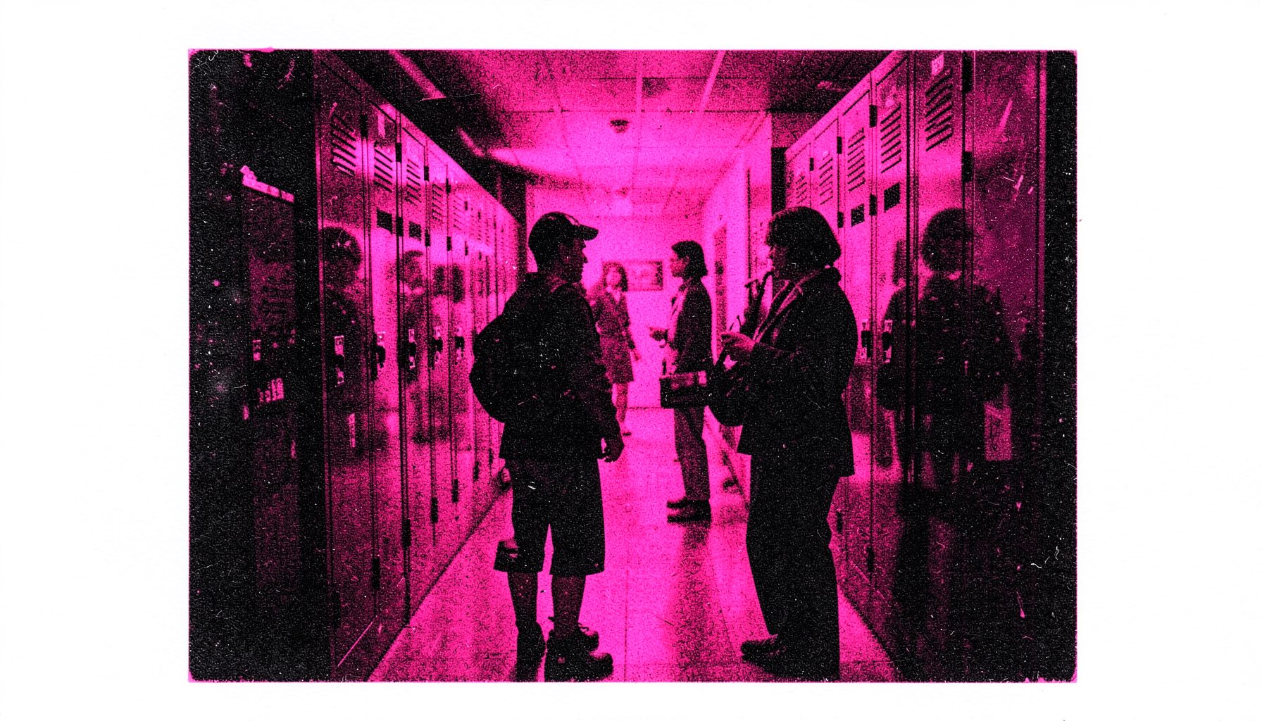 A risograph print in hot pink and black, featuring a trio of figures in a high school hallway with locker reflections and dramatic lighting