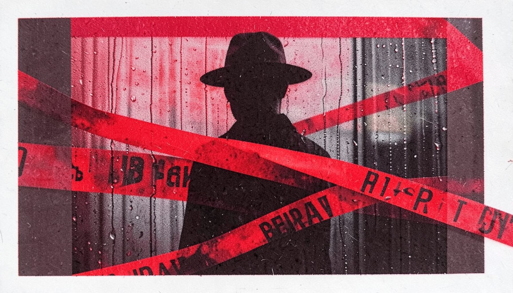 A risograph print in blood red and charcoal, showing a detective's silhouette against rain-streaked glass with crime scene tape crossing the frame