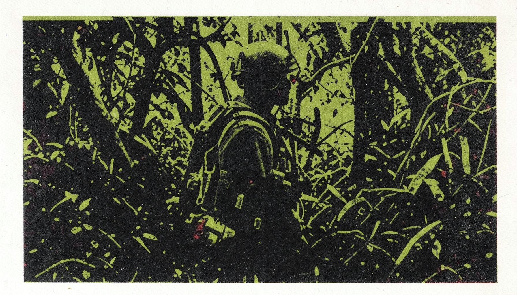 A risograph print in olive green and black, depicting a soldier silhouetted against dense jungle foliage with tactical gear rendered in bold strokes