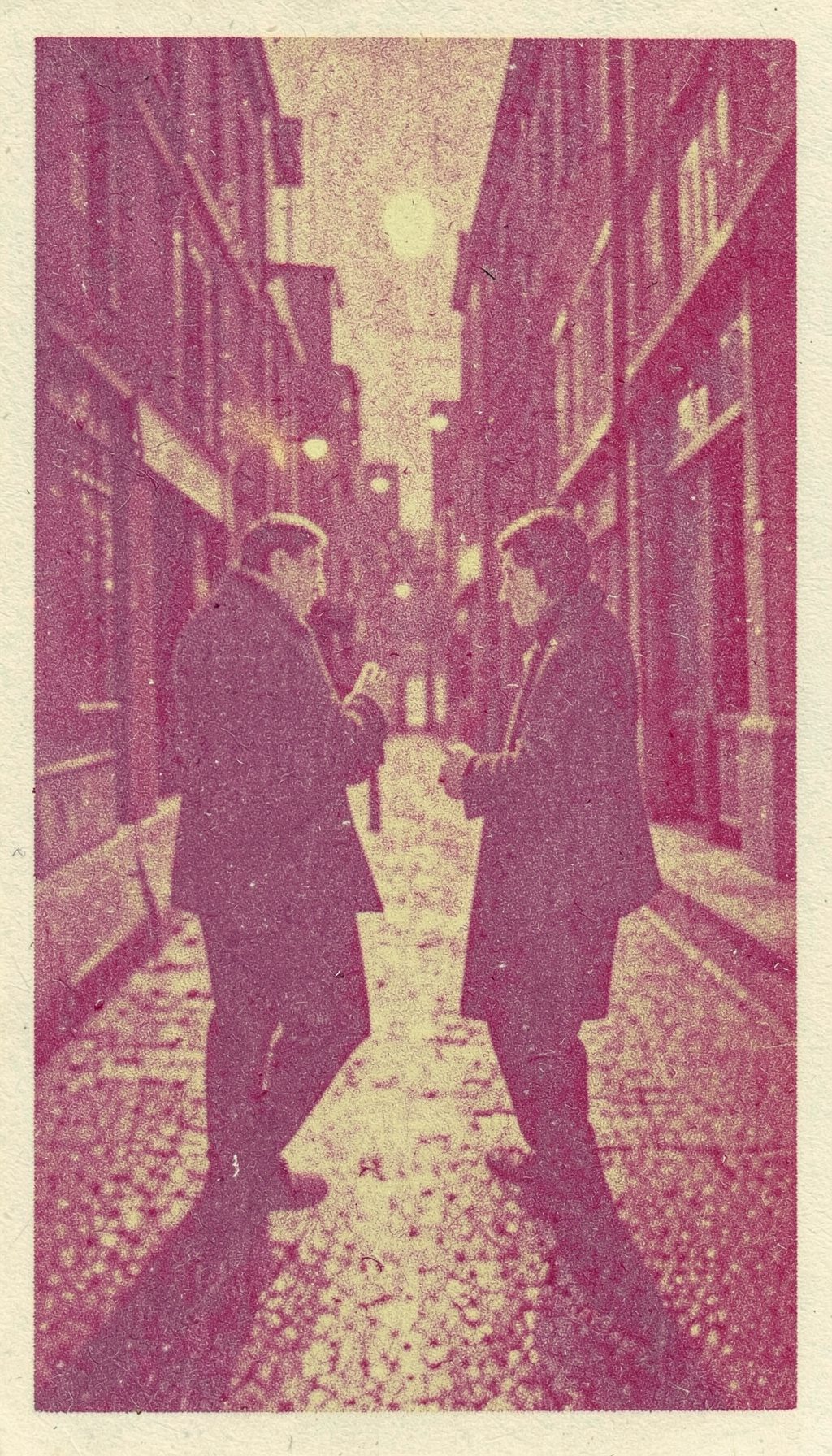 A risograph print in muted plum and pale gold depicting two figures in quiet conversation on a dimly lit street, with gentle halftone grain throughout.