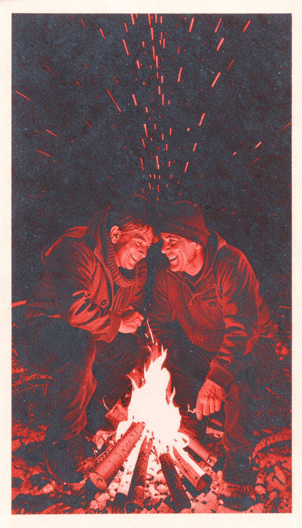 A two-color risograph print in rust red and slate blue showing a couple leaning close at a winter bonfire, sparks drifting upward against a dark sky.