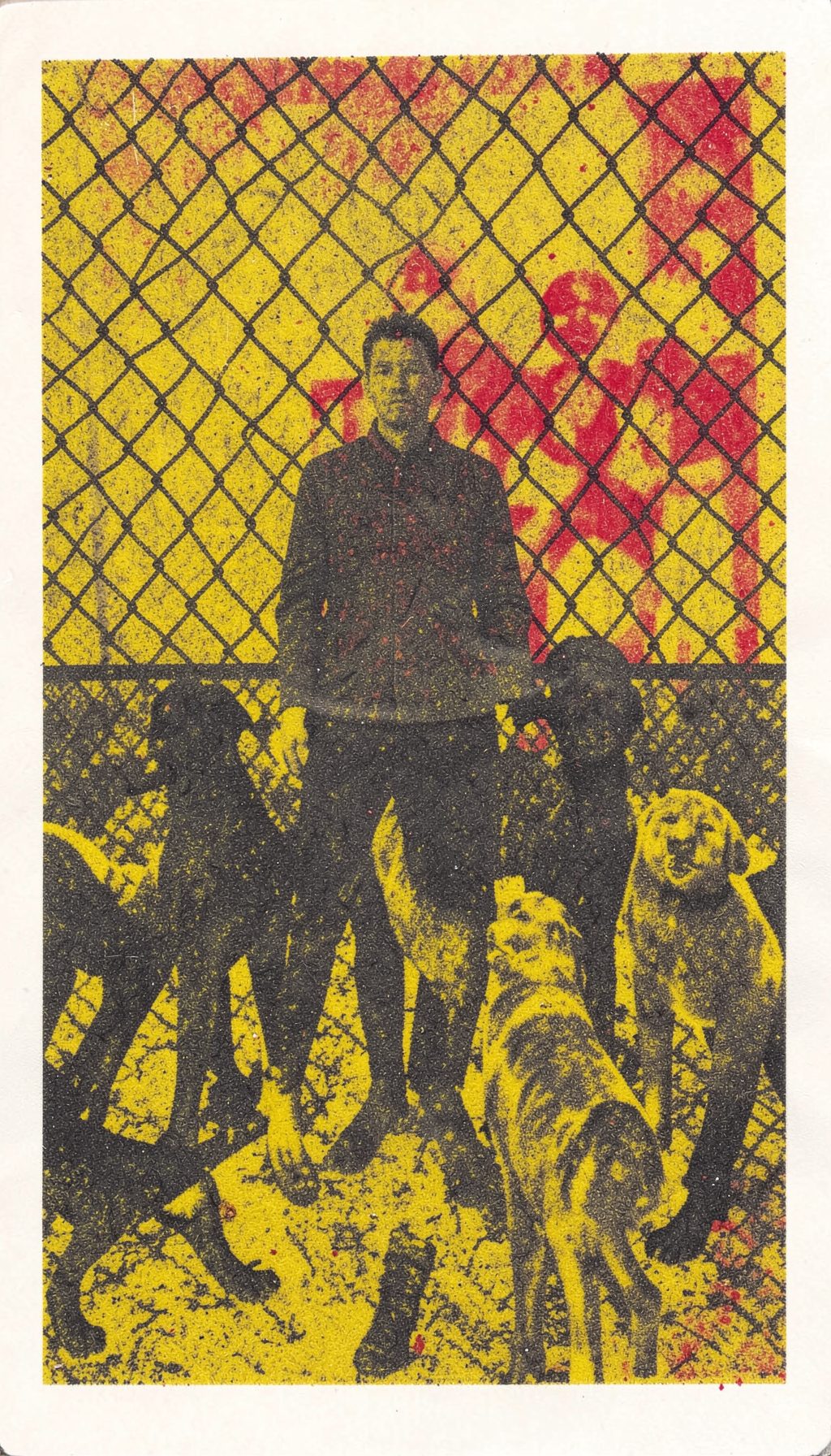 A risograph print in charcoal and mustard yellow of a man and several dogs silhouetted against a chain-link fence, with rough textured grain.