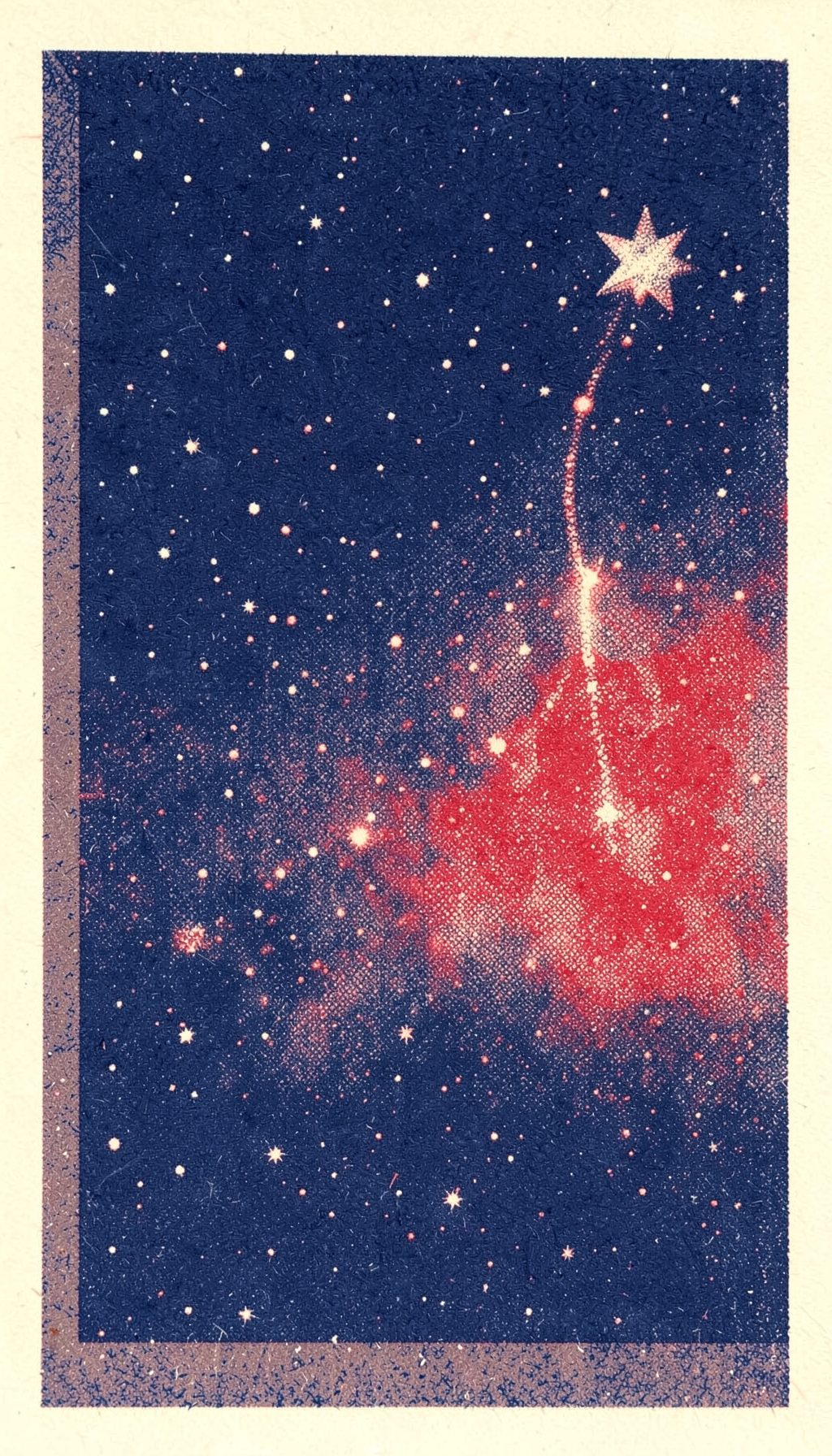A risograph print in deep indigo and warm cream showing a starry night sky with a wishing star trailing light, rendered with soft halftone dots.