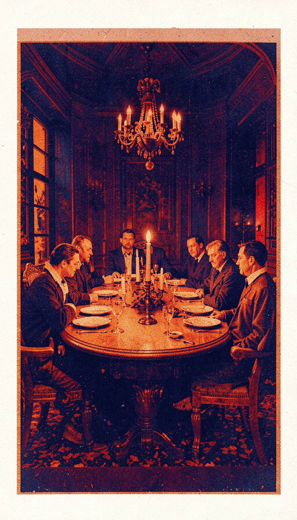 A risograph print in burnt orange and navy blue of a grand dining table in a candlelit manor, figures seated in tense stillness, coarse halftone grain.