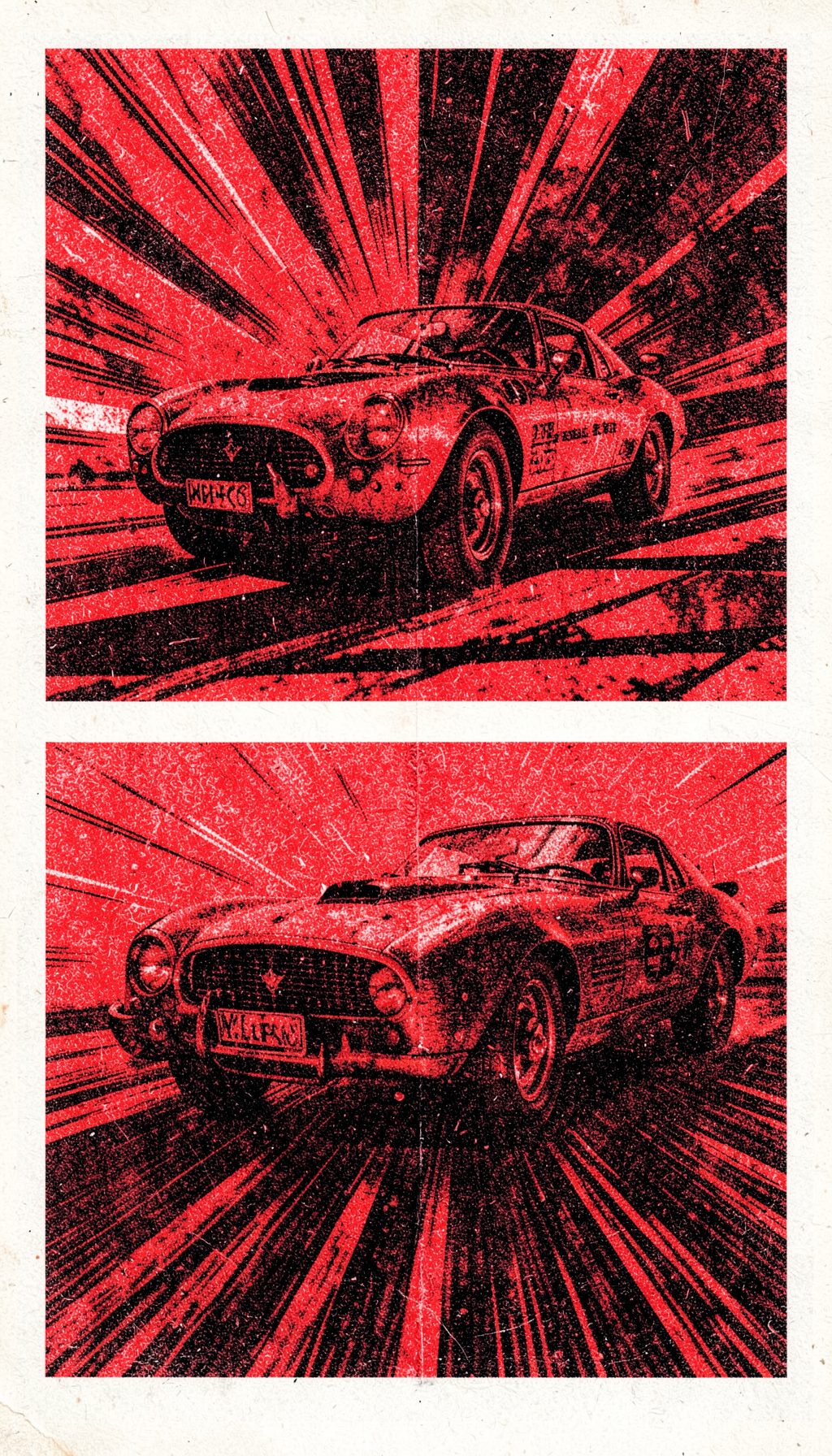 A two-ink risograph print in racing red and ink black of a vintage sports car in motion, speed lines and coarse grain conveying velocity.