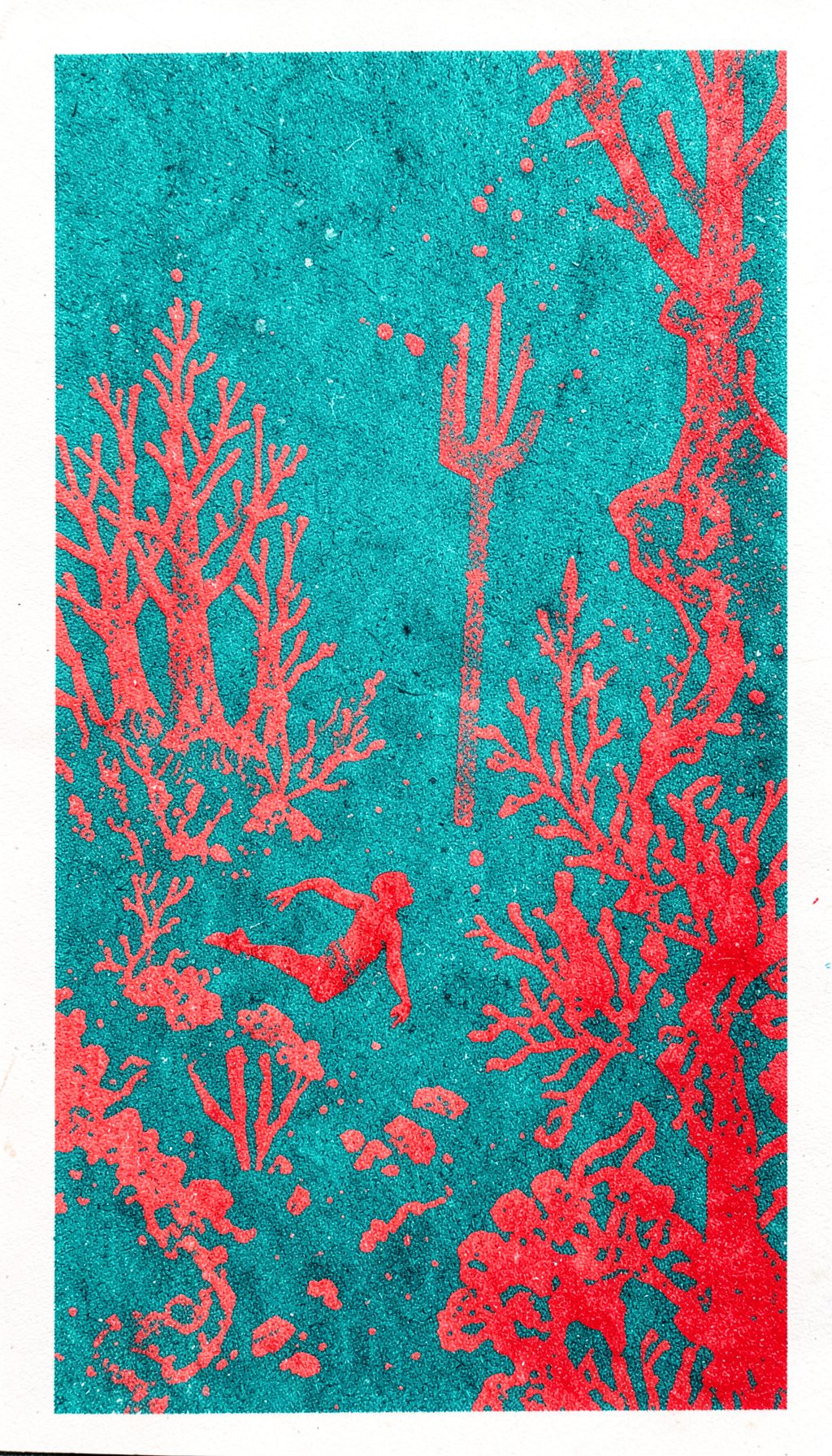 A risograph print in oceanic teal and bright coral showing an underwater kingdom with a lone figure swimming toward a glowing trident, heavy grain texture.