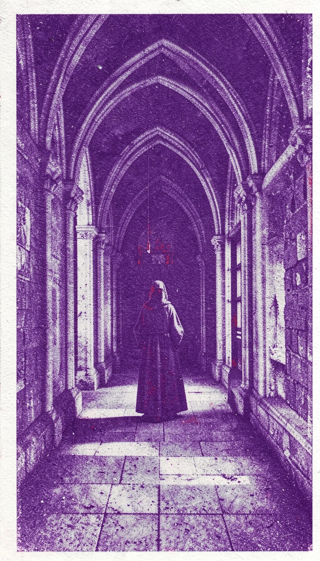 A risograph print in deep violet and pale silver of a cloistered convent hallway, a single figure in a habit standing beneath a gothic arch, soft grain.