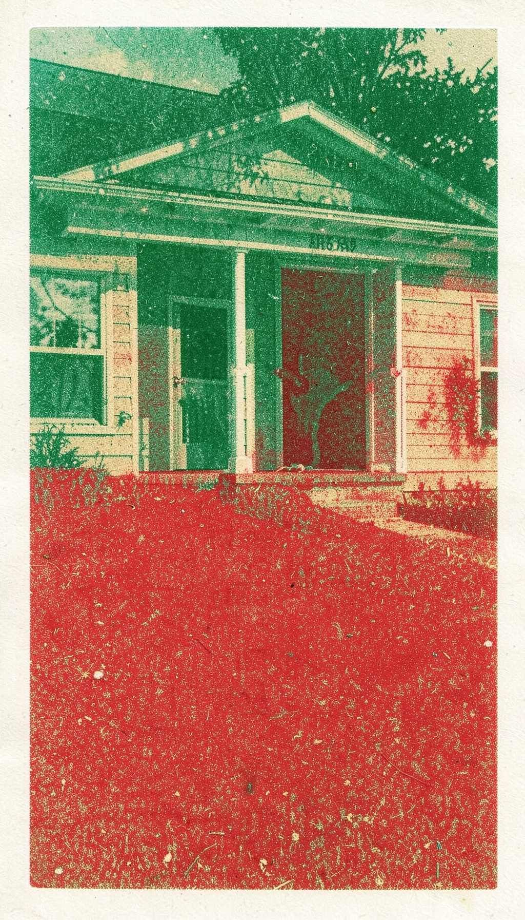 A risograph print in emerald green and warm beige of a suburban home with something lurking in the shadows behind a half-open door, textured grain.