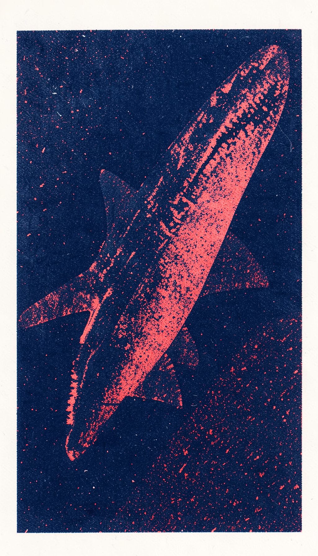 A two-ink risograph print in deep navy and coral pink of a massive prehistoric shark silhouette rising from dark ocean depths, heavy grain texture.