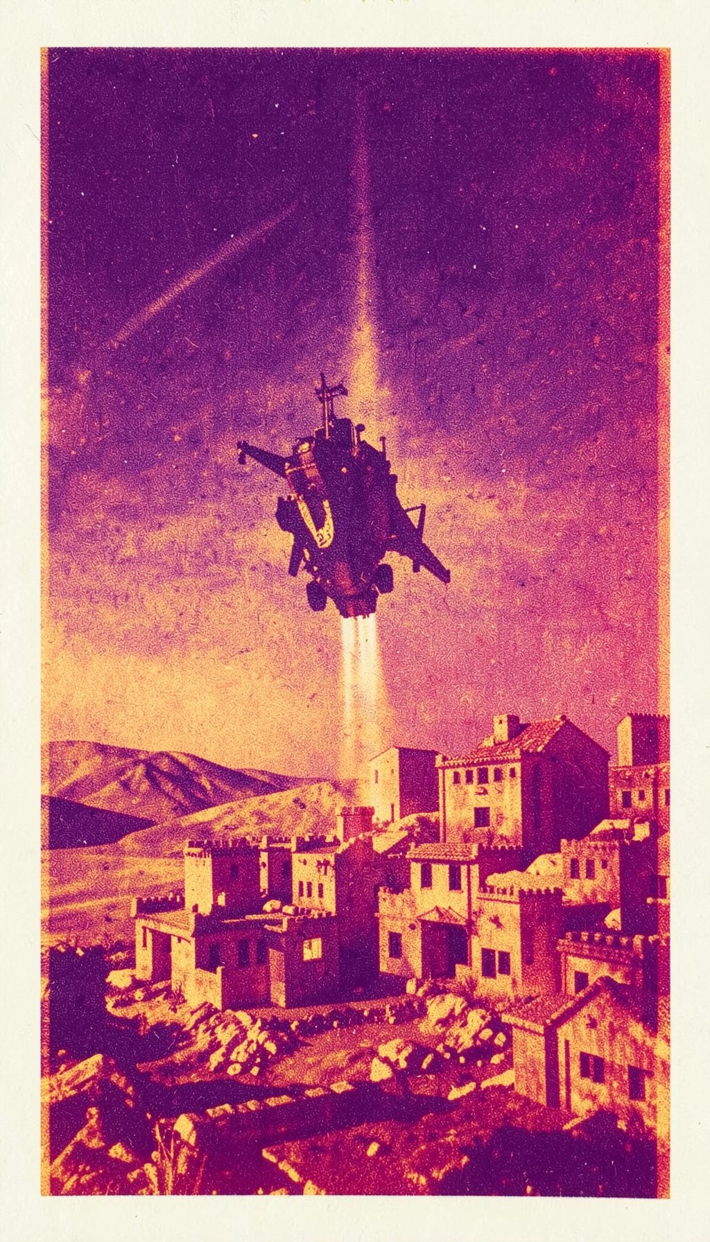 A risograph print in deep violet and warm amber of a distant planet with a rebel ship descending toward a fortified village, soft halftone grain.