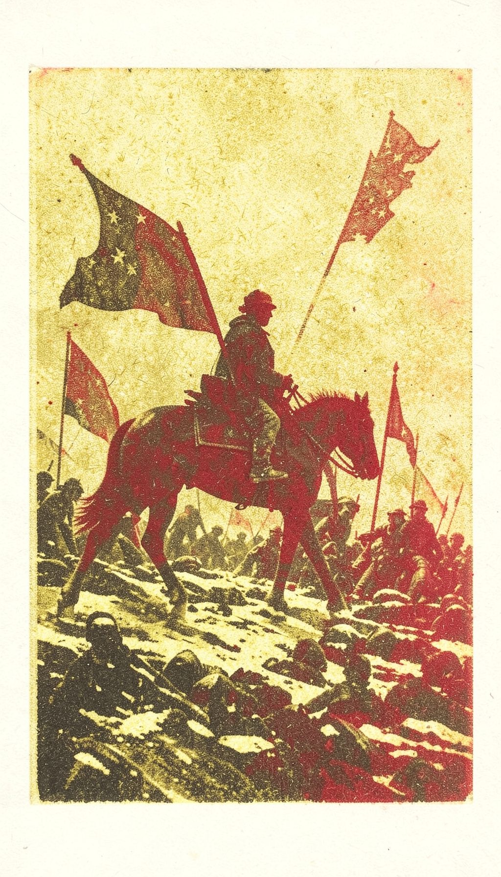A risograph print in gold and charcoal of a lone figure on horseback crossing a snowy battlefield, banners fluttering in the wind, coarse grain.