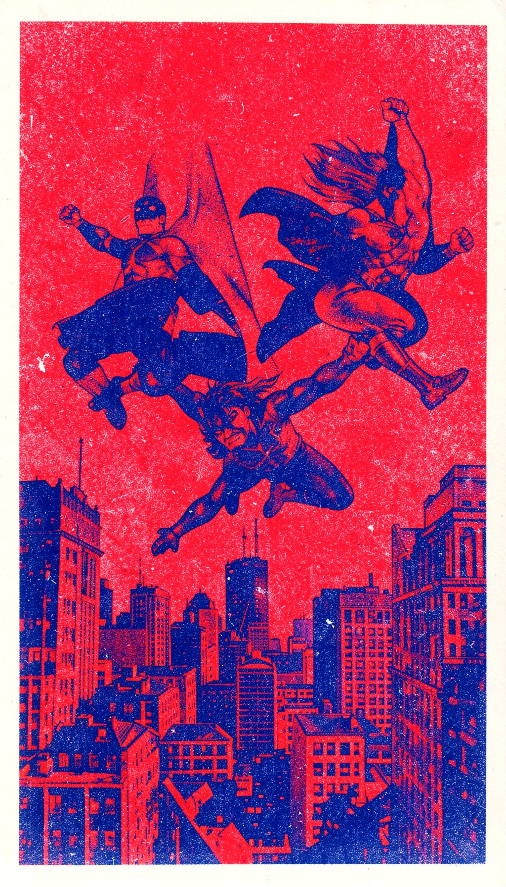 A two-ink risograph print in bright crimson and deep blue of three superheroes soaring above a city skyline, dynamic angles and textured grain.