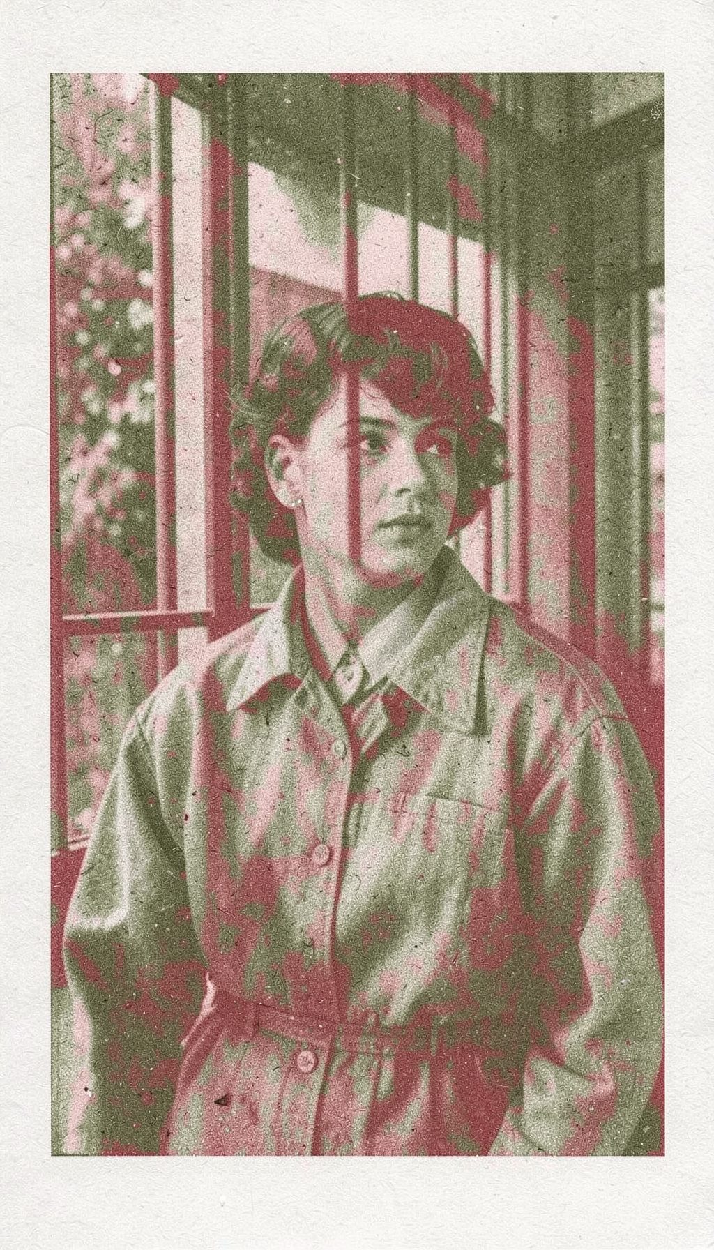 A risograph print in muted olive and dusty rose of a young woman in a 1960s prison uniform staring through a barred window, soft grain texture.