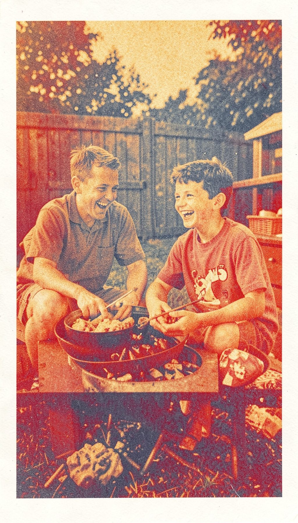 A risograph print in warm amber and slate blue of a father and son laughing together at a backyard barbecue, gentle halftone grain throughout.