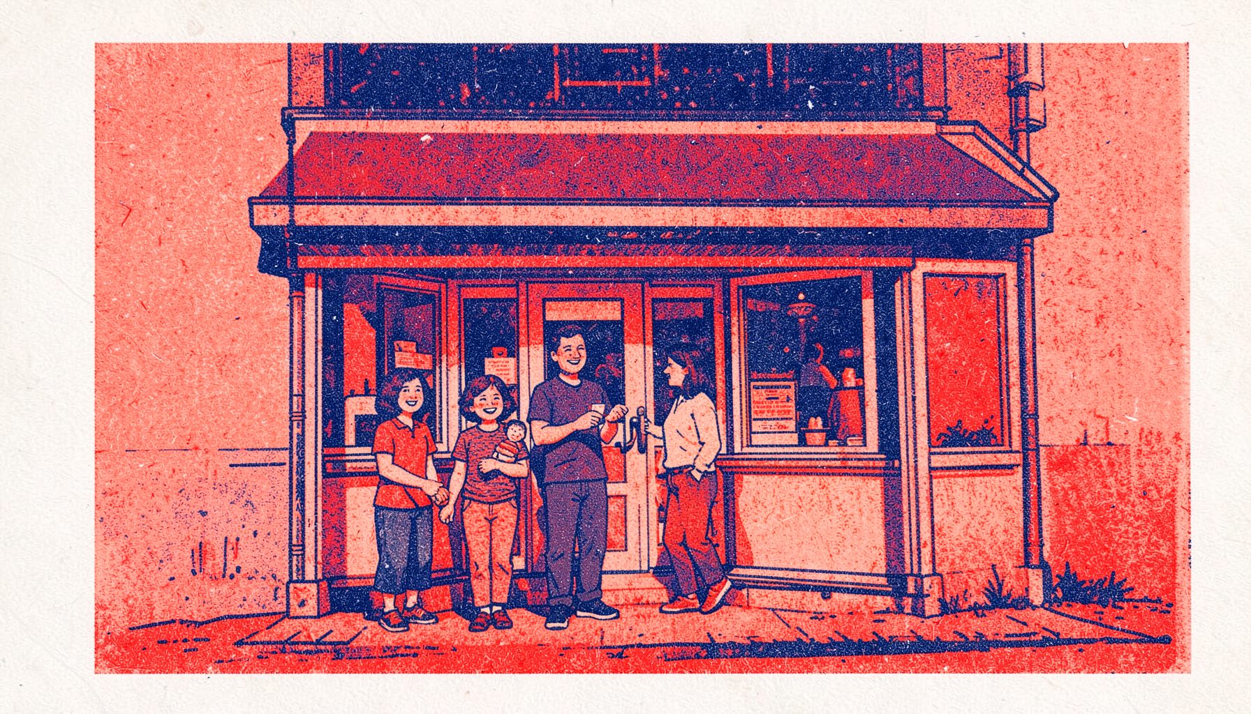 A two-ink risograph print in warm coral and navy blue showing an animated burger joint storefront with a family standing outside, cheerful and colorful with a hand-drawn feel.