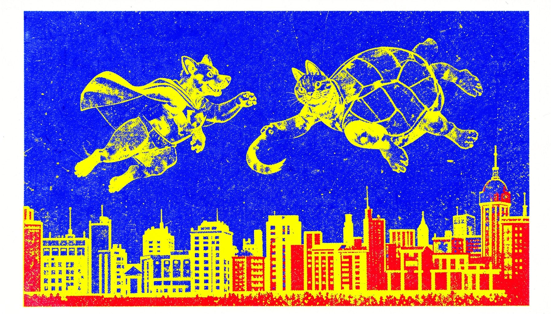 A two-ink risograph print in royal blue and bright yellow showing a team of superhero pets — a dog in a cape, a cat, and a turtle — soaring above a city skyline.